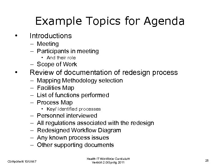 Example Topics for Agenda • Introductions – Meeting – Participants in meeting • And