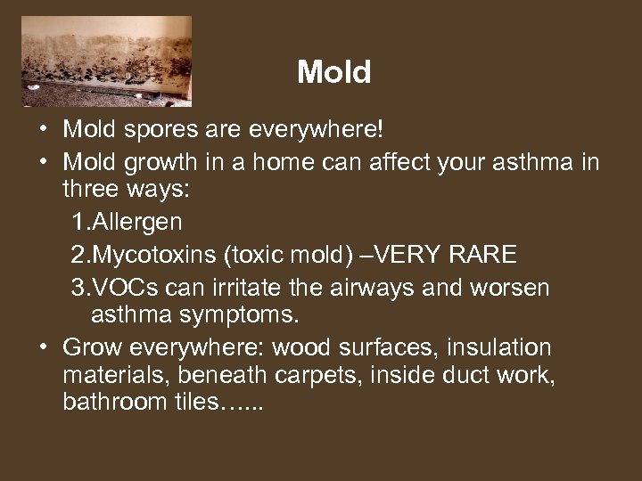 Mold • Mold spores are everywhere! • Mold growth in a home can affect