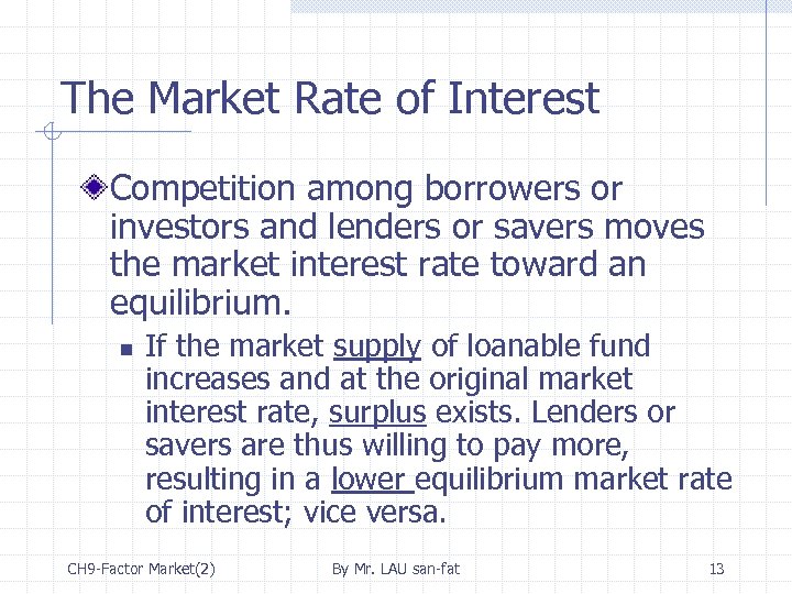 The Market Rate of Interest Competition among borrowers or investors and lenders or savers