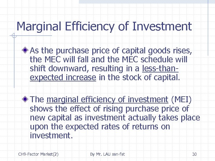 Marginal Efficiency of Investment As the purchase price of capital goods rises, the MEC