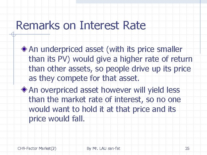 Remarks on Interest Rate An underpriced asset (with its price smaller than its PV)