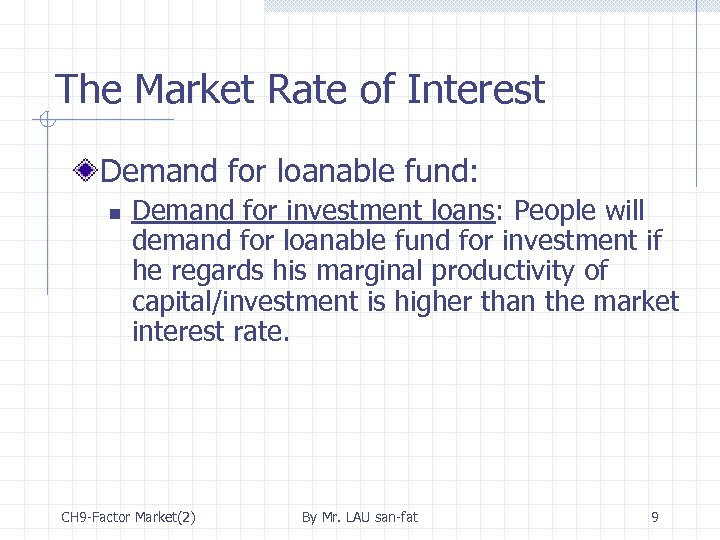 The Market Rate of Interest Demand for loanable fund: n Demand for investment loans: