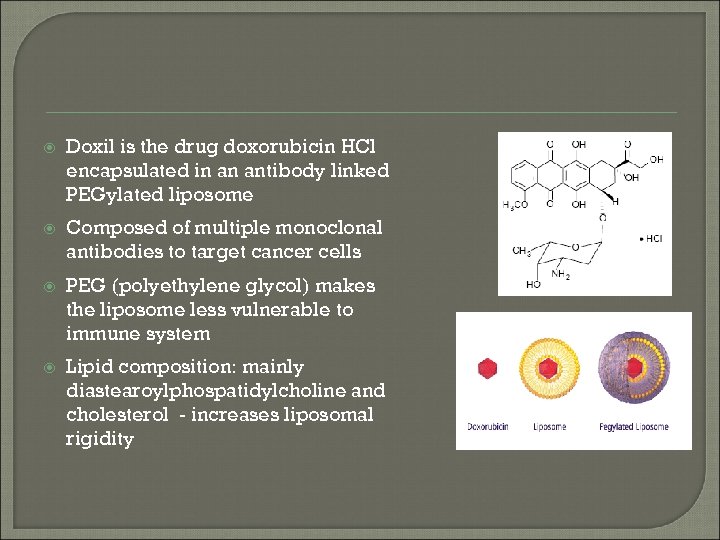  Doxil is the drug doxorubicin HCl encapsulated in an antibody linked PEGylated liposome