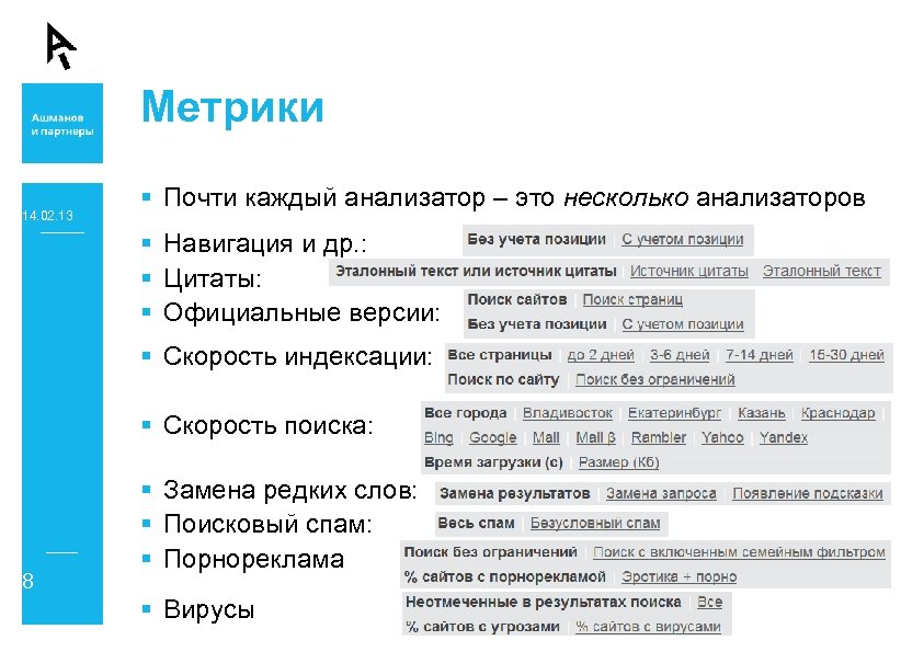 Метрики 14. 02. 13 § Почти каждый анализатор – это несколько анализаторов § Навигация