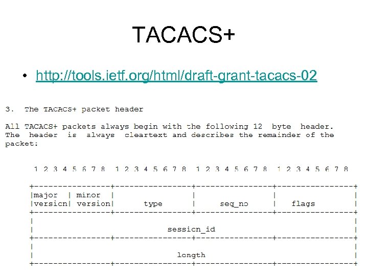 TACACS+ • http: //tools. ietf. org/html/draft-grant-tacacs-02 T. A. Yang Network Security 12 