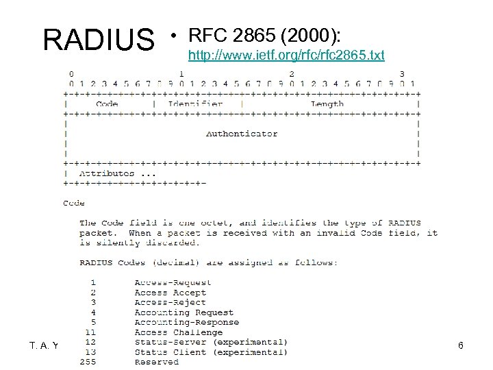 RADIUS T. A. Yang • RFC 2865 (2000): http: //www. ietf. org/rfc 2865. txt