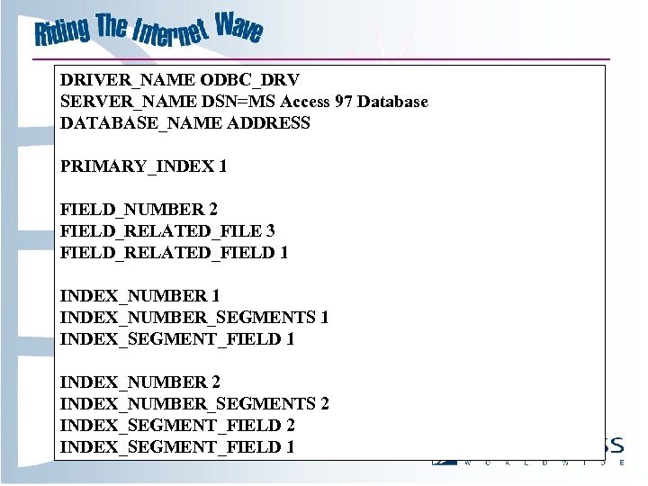 DRIVER_NAME ODBC_DRV SERVER_NAME DSN=MS Access 97 Database DATABASE_NAME ADDRESS PRIMARY_INDEX 1 FIELD_NUMBER 2 FIELD_RELATED_FILE