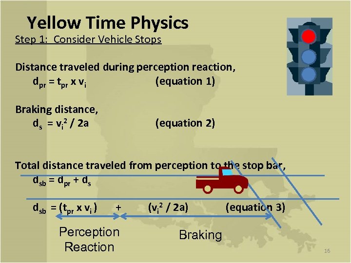 Yellow Time Physics Step 1: Consider Vehicle Stops Distance traveled during perception reaction, dpr