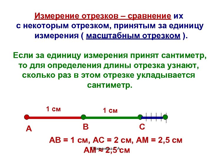 Измерение отрезков – сравнение их с некоторым отрезком, принятым за единицу измерения ( масштабным