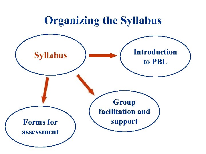 Organizing the Syllabus Forms for assessment Introduction to PBL Group facilitation and support 