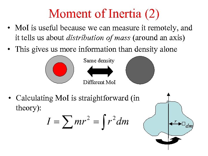 Moment of Inertia (2) • Mo. I is useful because we can measure it