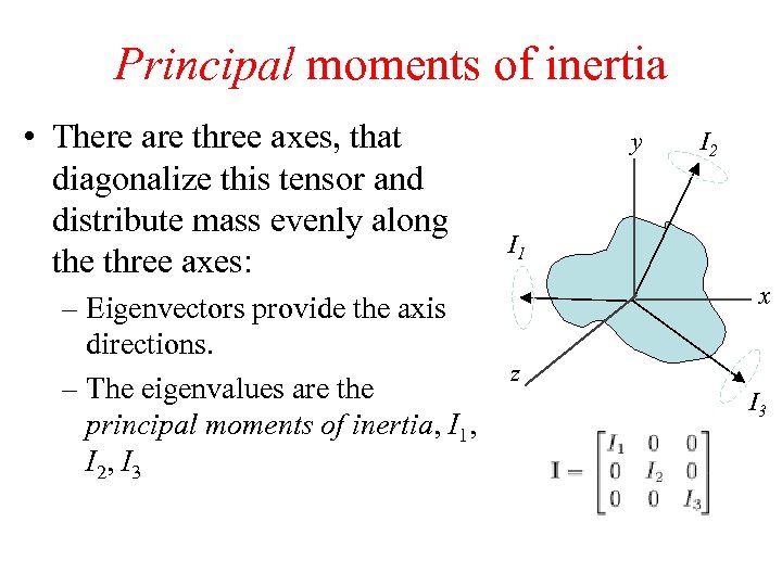 Principal moments of inertia • There are three axes, that diagonalize this tensor and