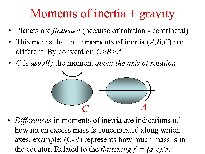 Moments of inertia + gravity • Planets are flattened (because of rotation - centripetal)