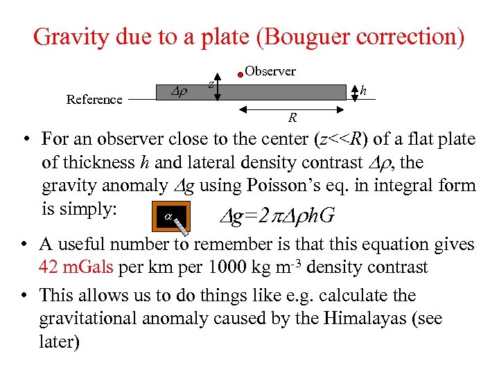 Gravity due to a plate (Bouguer correction) Reference Dr z Observer h R •