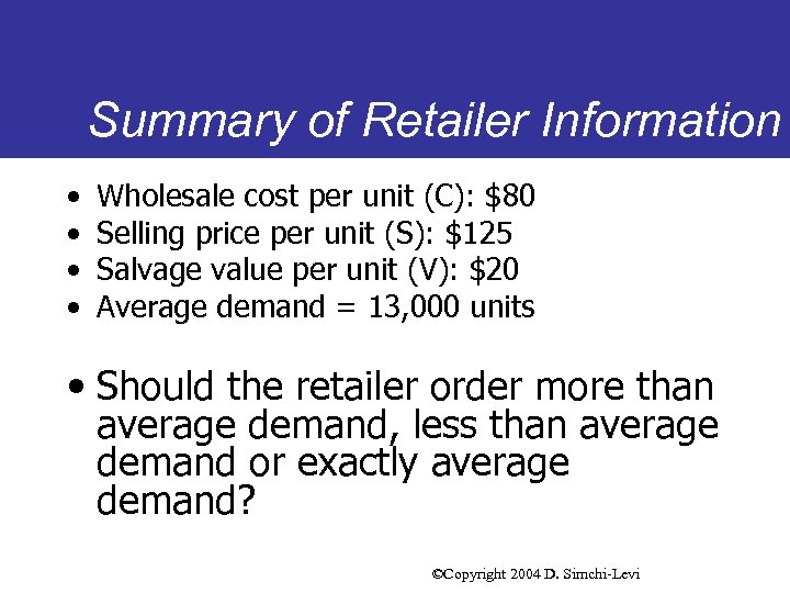 Summary of Retailer Information • • Wholesale cost per unit (C): $80 Selling price