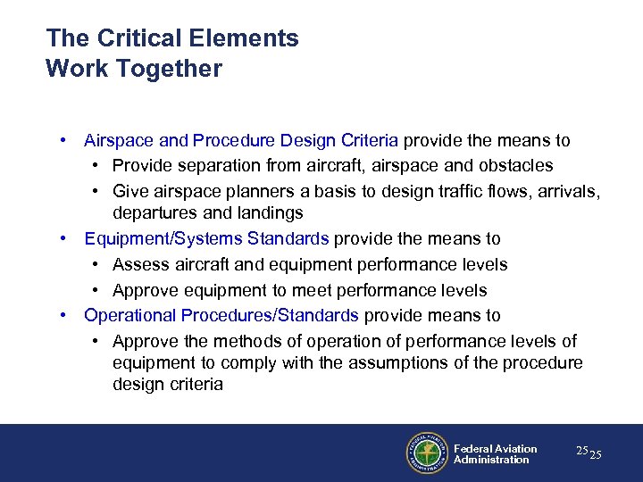 The Critical Elements Work Together • Airspace and Procedure Design Criteria provide the means