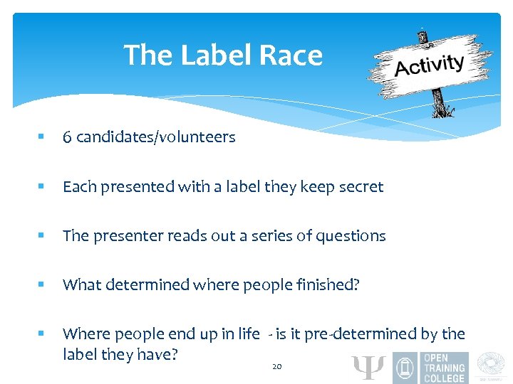 The Label Race § 6 candidates/volunteers § Each presented with a label they keep