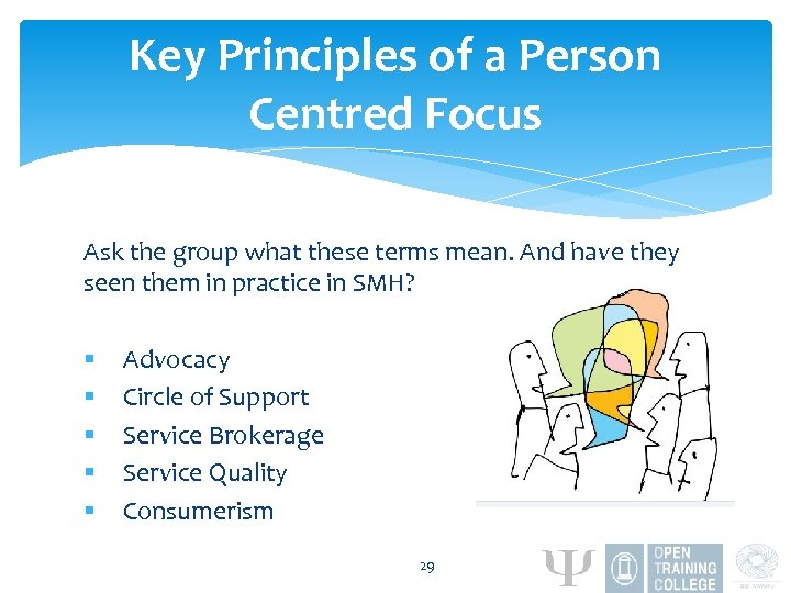 Key Principles of a Person Centred Focus Ask the group what these terms mean.