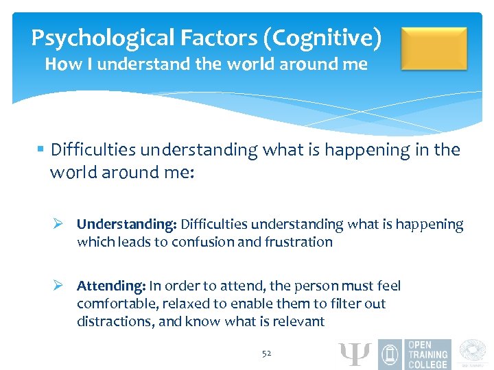 Psychological Factors (Cognitive) How I understand the world around me § Difficulties understanding what