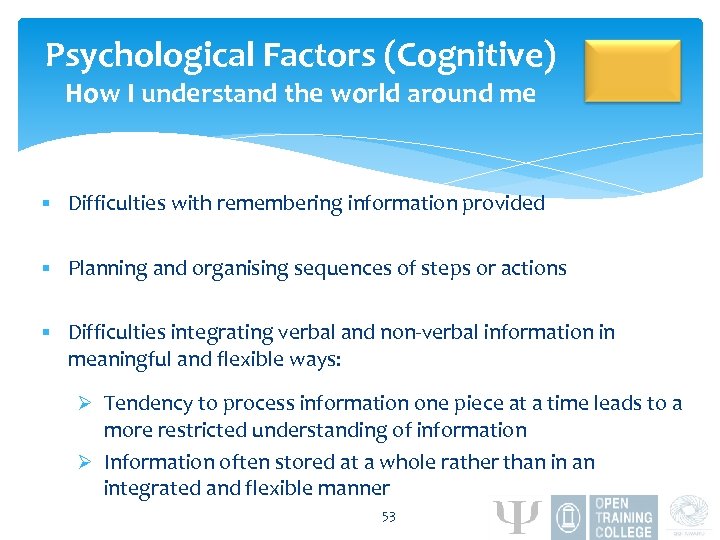 Psychological Factors (Cognitive) How I understand the world around me § Difficulties with remembering