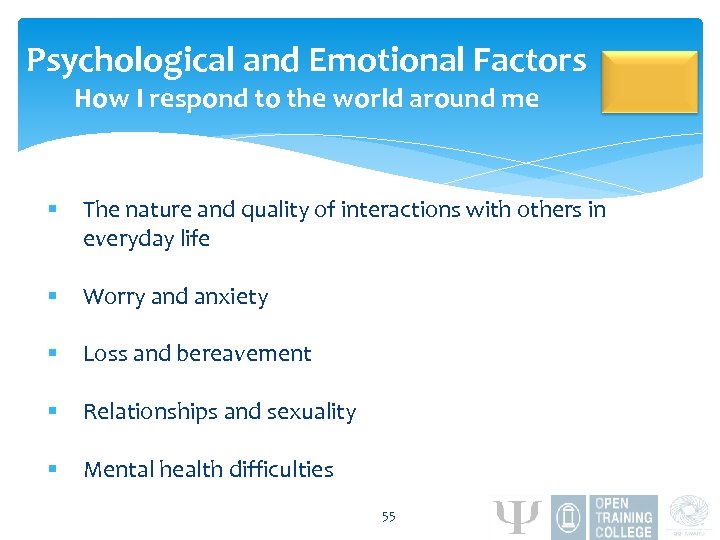 Psychological and Emotional Factors How I respond to the world around me § The