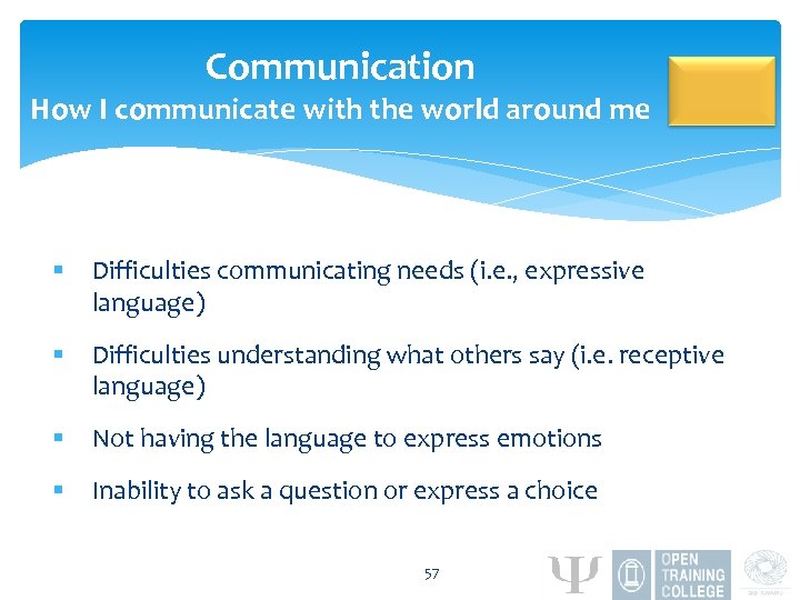 Communication How I communicate with the world around me § Difficulties communicating needs (i.