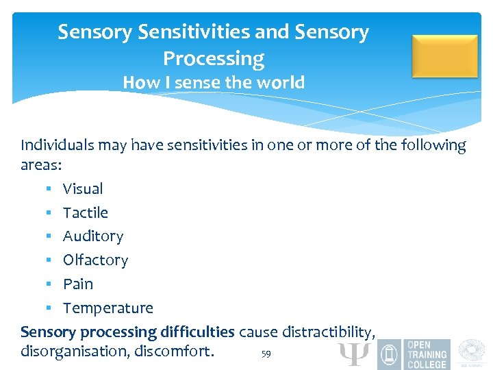 Sensory Sensitivities and Sensory Processing How I sense the world Individuals may have sensitivities