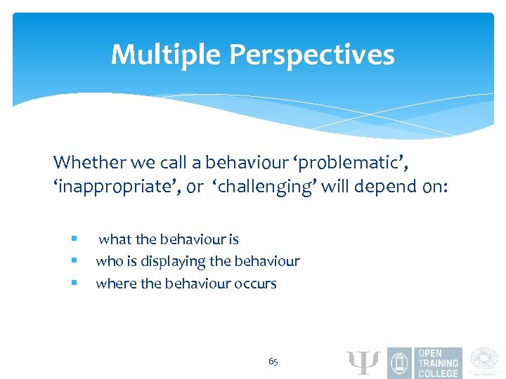 Multiple Perspectives Whether we call a behaviour ‘problematic’, ‘inappropriate’, or ‘challenging’ will depend on: