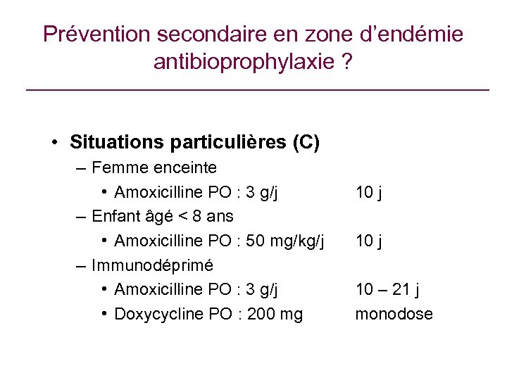 Prévention secondaire en zone d’endémie antibioprophylaxie ? • Situations particulières (C) – Femme enceinte