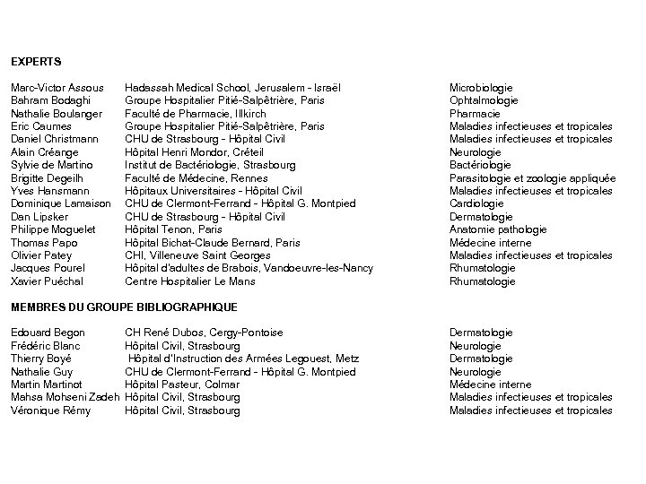 EXPERTS Marc-Victor Assous Bahram Bodaghi Nathalie Boulanger Eric Caumes Daniel Christmann Alain Créange Sylvie