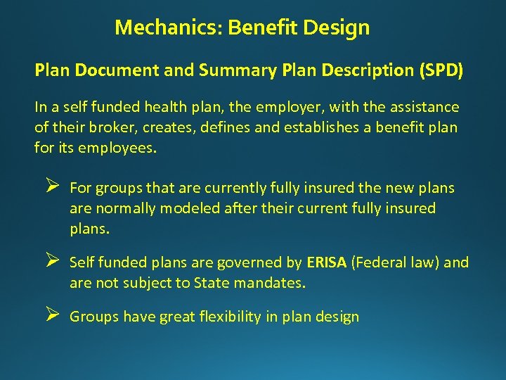 Mechanics: Benefit Design Plan Document and Summary Plan Description (SPD) In a self funded