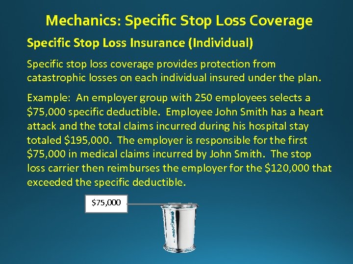 Mechanics: Specific Stop Loss Coverage Specific Stop Loss Insurance (Individual) Specific stop loss coverage