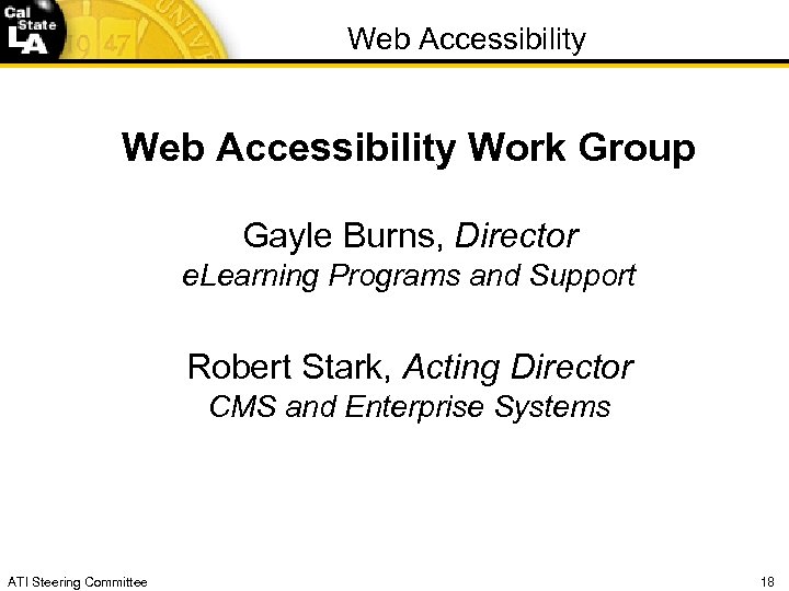 Web Accessibility Work Group Gayle Burns, Director e. Learning Programs and Support Robert Stark,