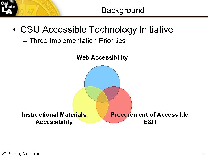 Background • CSU Accessible Technology Initiative – Three Implementation Priorities Web Accessibility Instructional Materials