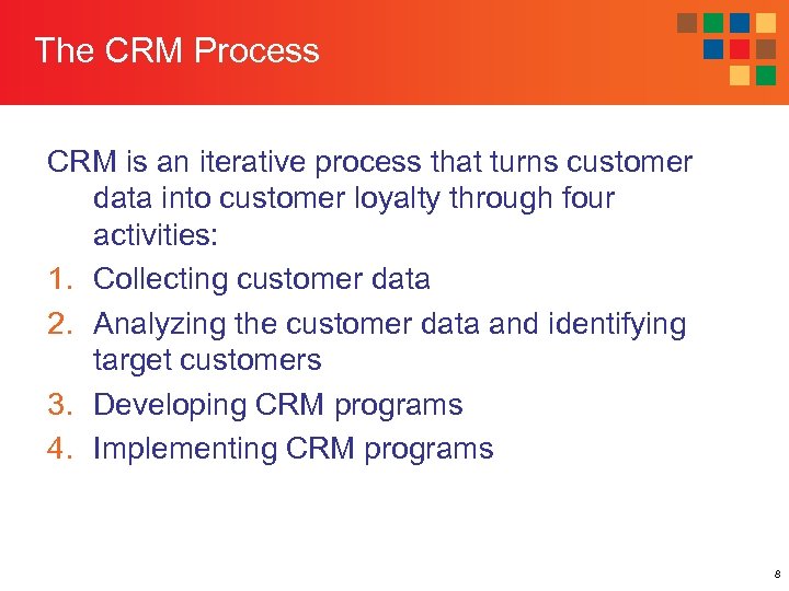 The CRM Process CRM is an iterative process that turns customer data into customer