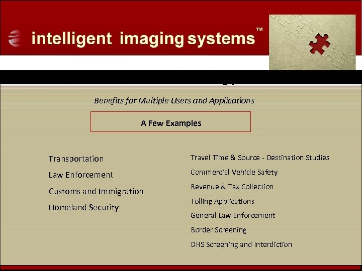 ALPR Technology Benefits for Multiple Users and Applications A Few Examples Transportation Travel Time