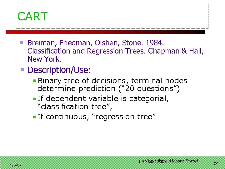 CART Breiman, Friedman, Olshen, Stone. 1984. Classification and Regression Trees. Chapman & Hall, New