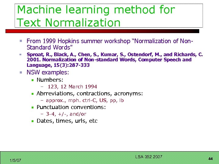 Machine learning method for Text Normalization From 1999 Hopkins summer workshop “Normalization of Non.