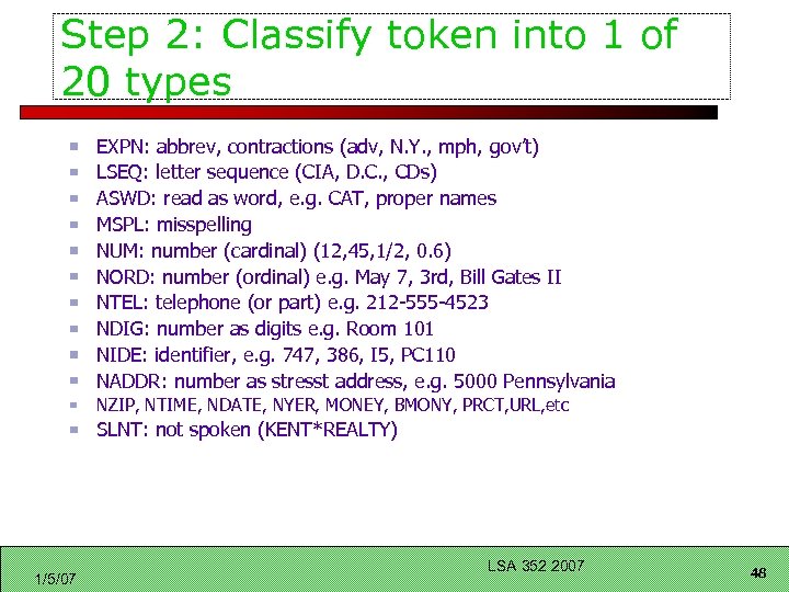 Step 2: Classify token into 1 of 20 types EXPN: abbrev, contractions (adv, N.
