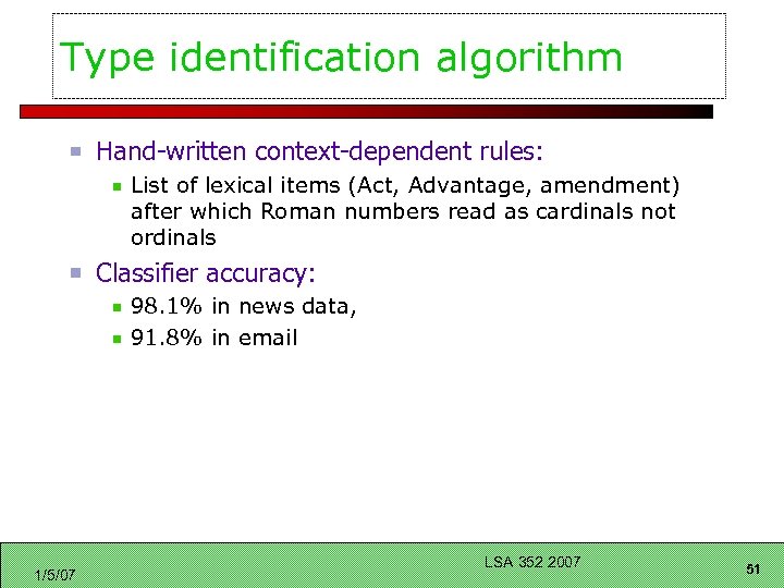 Type identification algorithm Hand-written context-dependent rules: List of lexical items (Act, Advantage, amendment) after