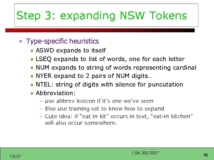 Step 3: expanding NSW Tokens Type-specific heuristics ASWD expands to itself LSEQ expands to