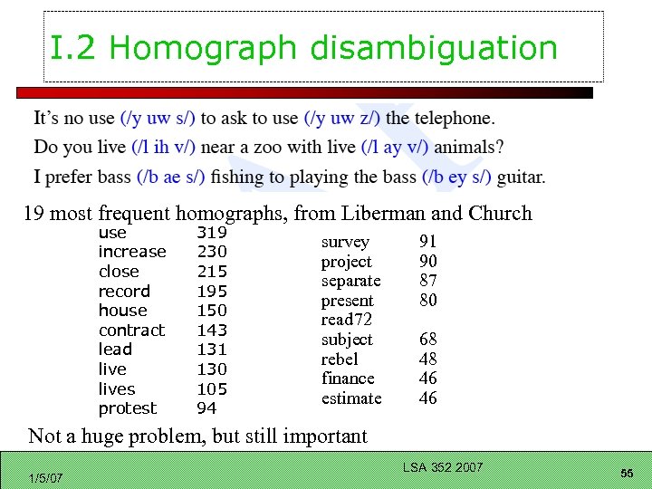 I. 2 Homograph disambiguation 19 most frequent homographs, from Liberman and Church use increase