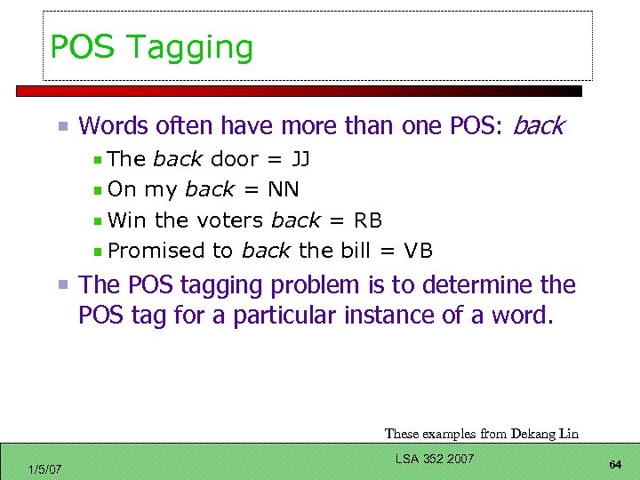 POS Tagging Words often have more than one POS: back The back door =