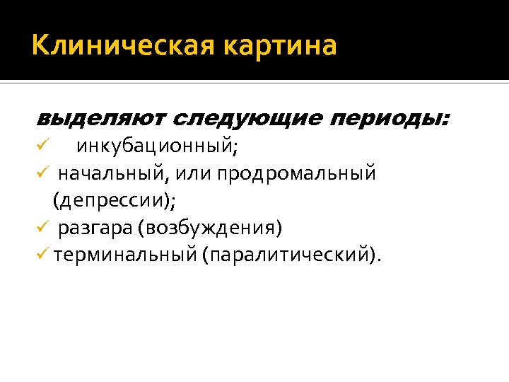 Клиническая картина выделяют следующие периоды: инкубационный; начальный, или продромальный (депрессии); ü разгара (возбуждения) ü