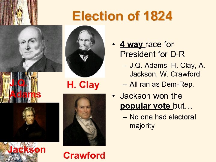 Election of 1824 • 4 way race for President for D-R J. Q. Adams