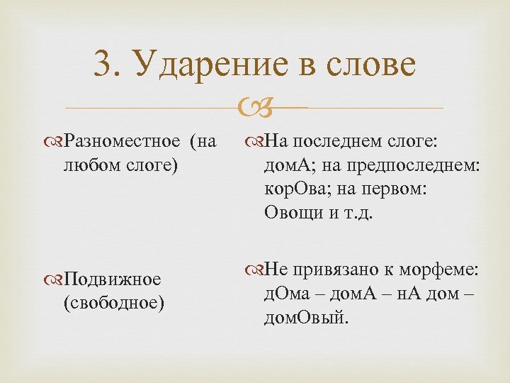 3. Ударение в слове Разноместное (на любом слоге) На последнем слоге: дом. А; на