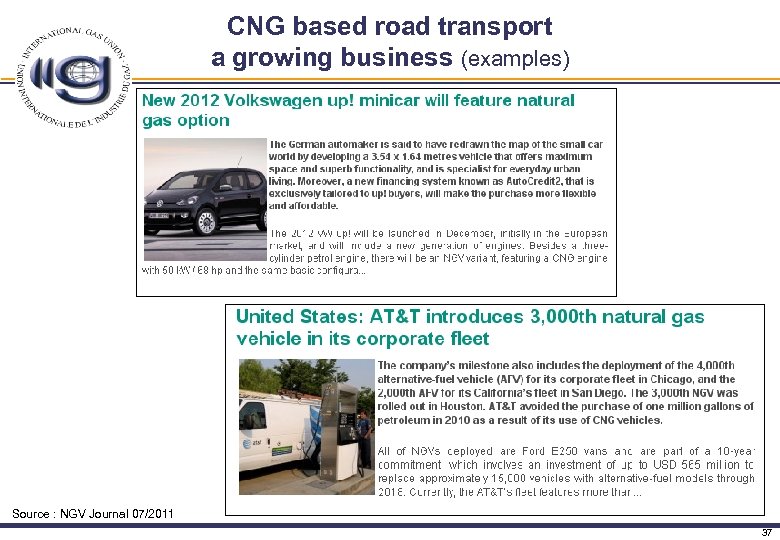 CNG based road transport a growing business (examples) Source : NGV Journal 07/2011 37