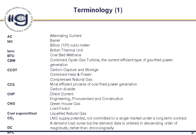 Terminology (1) AC bbl bcm BTU CBM CCGT CCS CHP CNG Coal supercritical CO