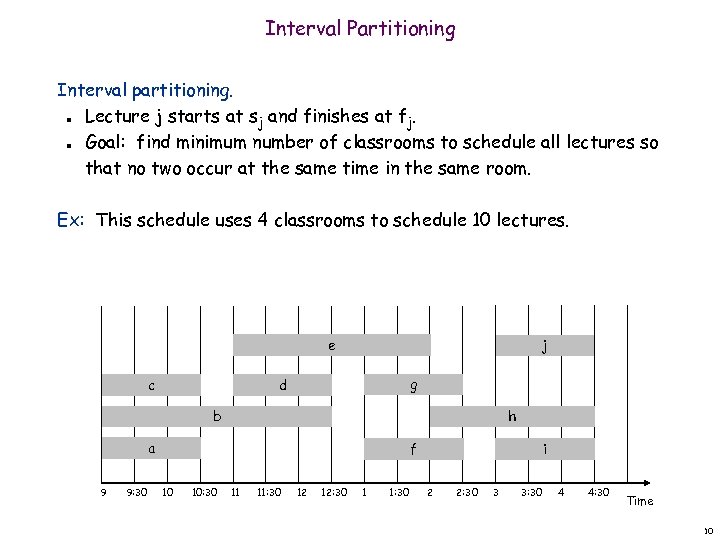 Interval Partitioning Interval partitioning. Lecture j starts at sj and finishes at fj. Goal: