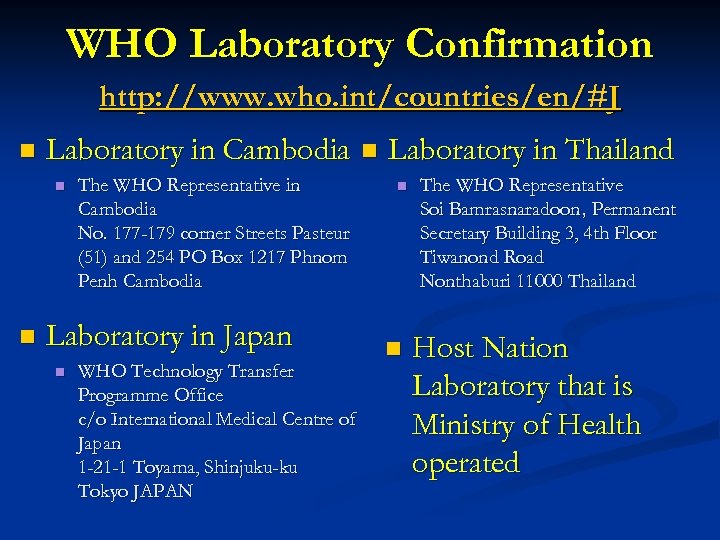 WHO Laboratory Confirmation http: //www. who. int/countries/en/#J n Laboratory in Cambodia n n The